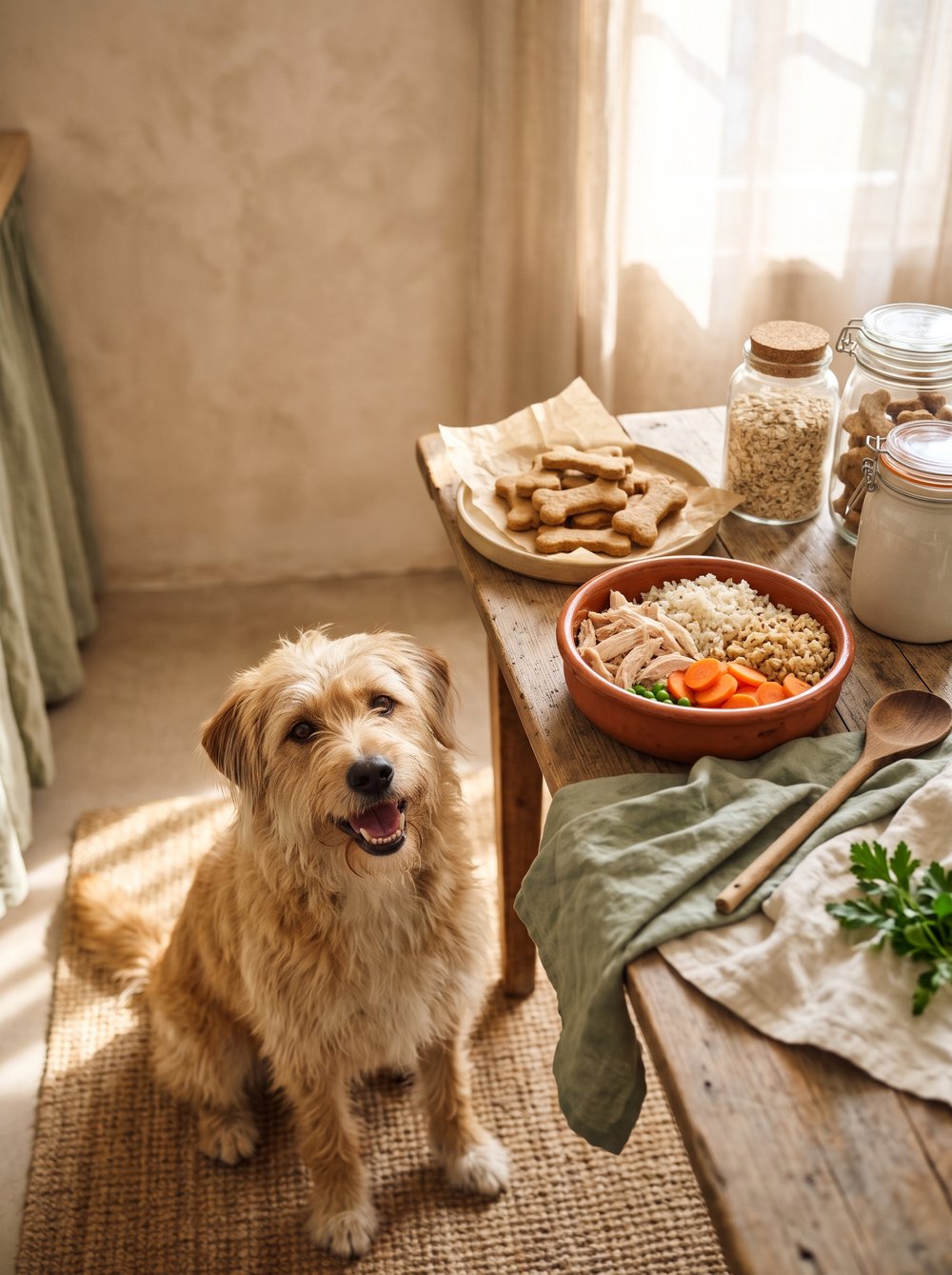 Un perro junto a la mesa frente a un plato de comida casera